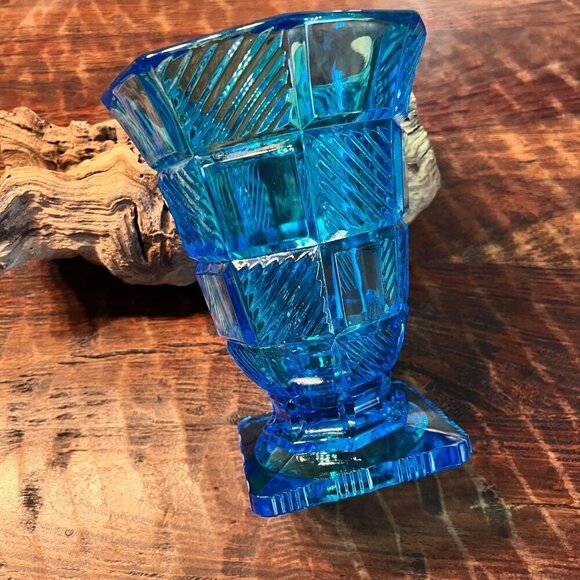 MCM Heavy Blue Glass Pedestal Vase - Picture 3 of 10